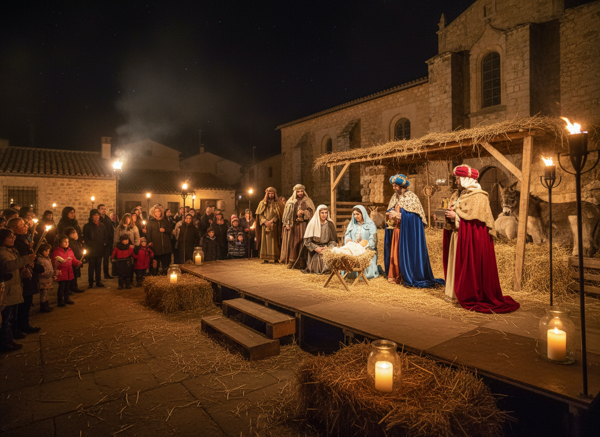 Los pueblos más bonitos de España para visitar en Navidad 2 Belén viviente en pueblo español con actores disfrazados en escenario iluminado