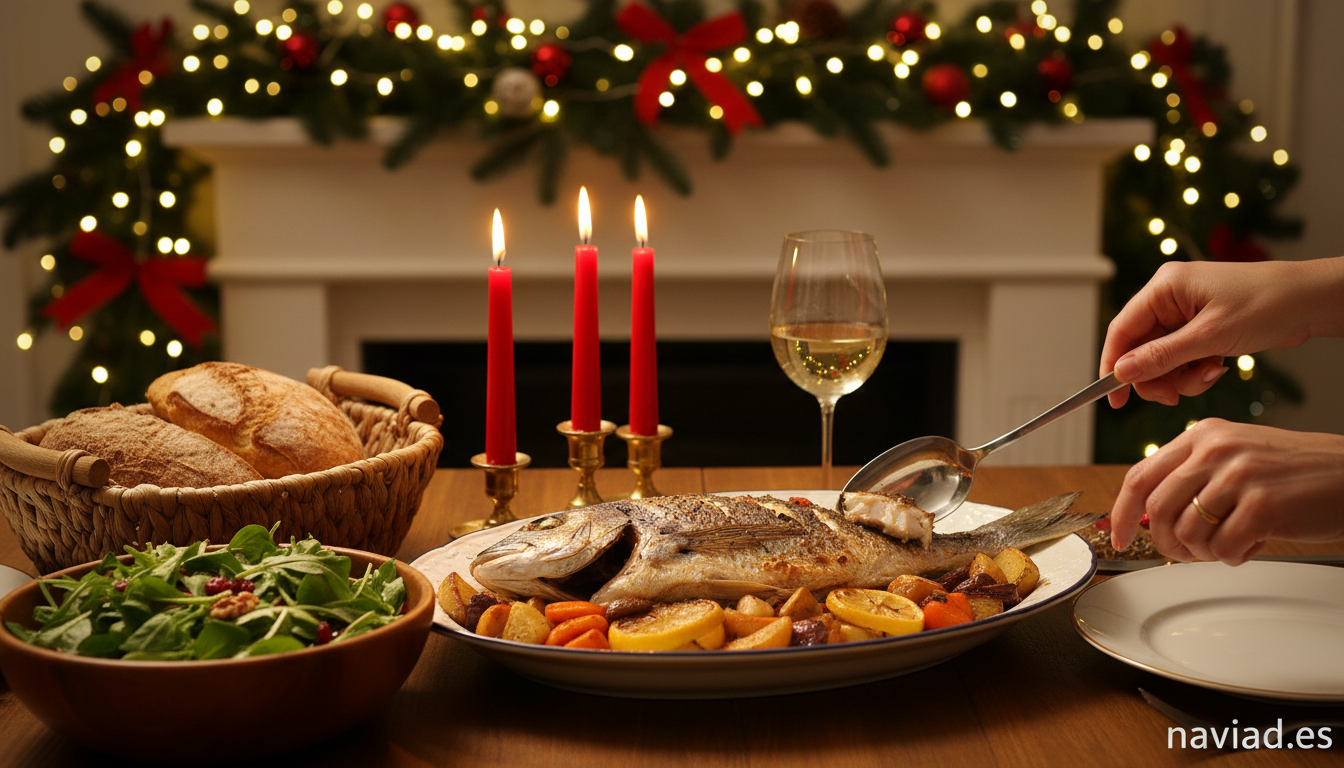 Besugo al horno con cama de verduras: receta navideña jugosa 2 Mesa navideña con besugo al horno servido en familia con velas y luces cálidas
