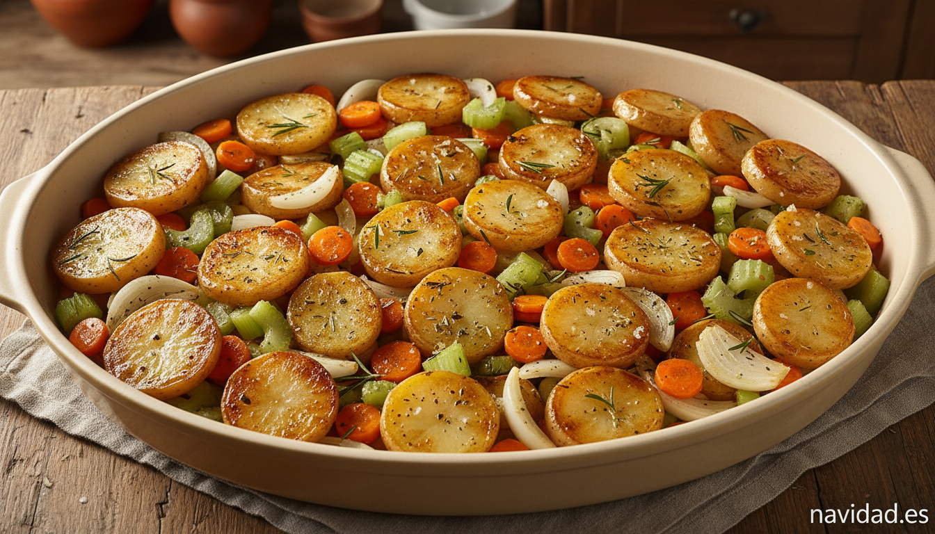 Besugo al horno: la receta clásica de Nochebuena paso a paso 1 Cama de patatas, zanahorias, apio y cebolla en la fuente lista para el besugo