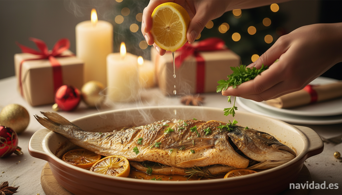 Besugo al horno: la receta clásica de Nochebuena paso a paso 3 Exprimiendo limón sobre el besugo al horno antes de servir