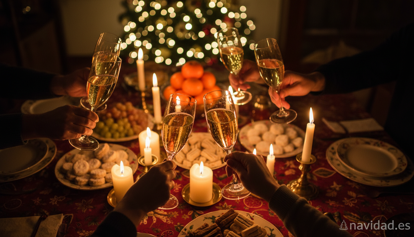 Brindis familiar con copas de cava en una cena de Navidad española, evocando los anuncios navideños tradicionales