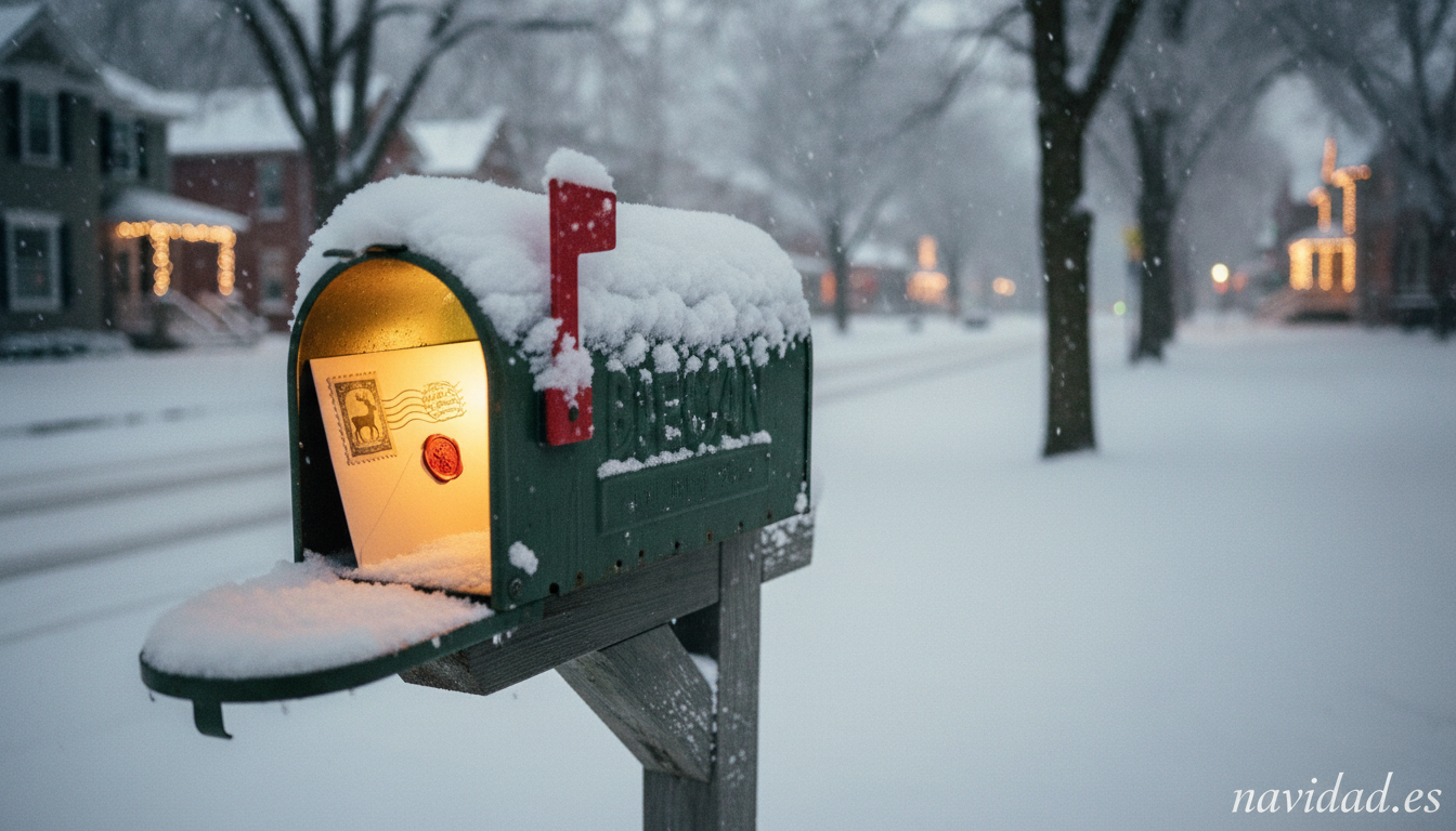 Tarjeta de Navidad de 1914 entregada 93 años después 1 Buzón americano nevado al atardecer con una carta navideña antigua dentro
