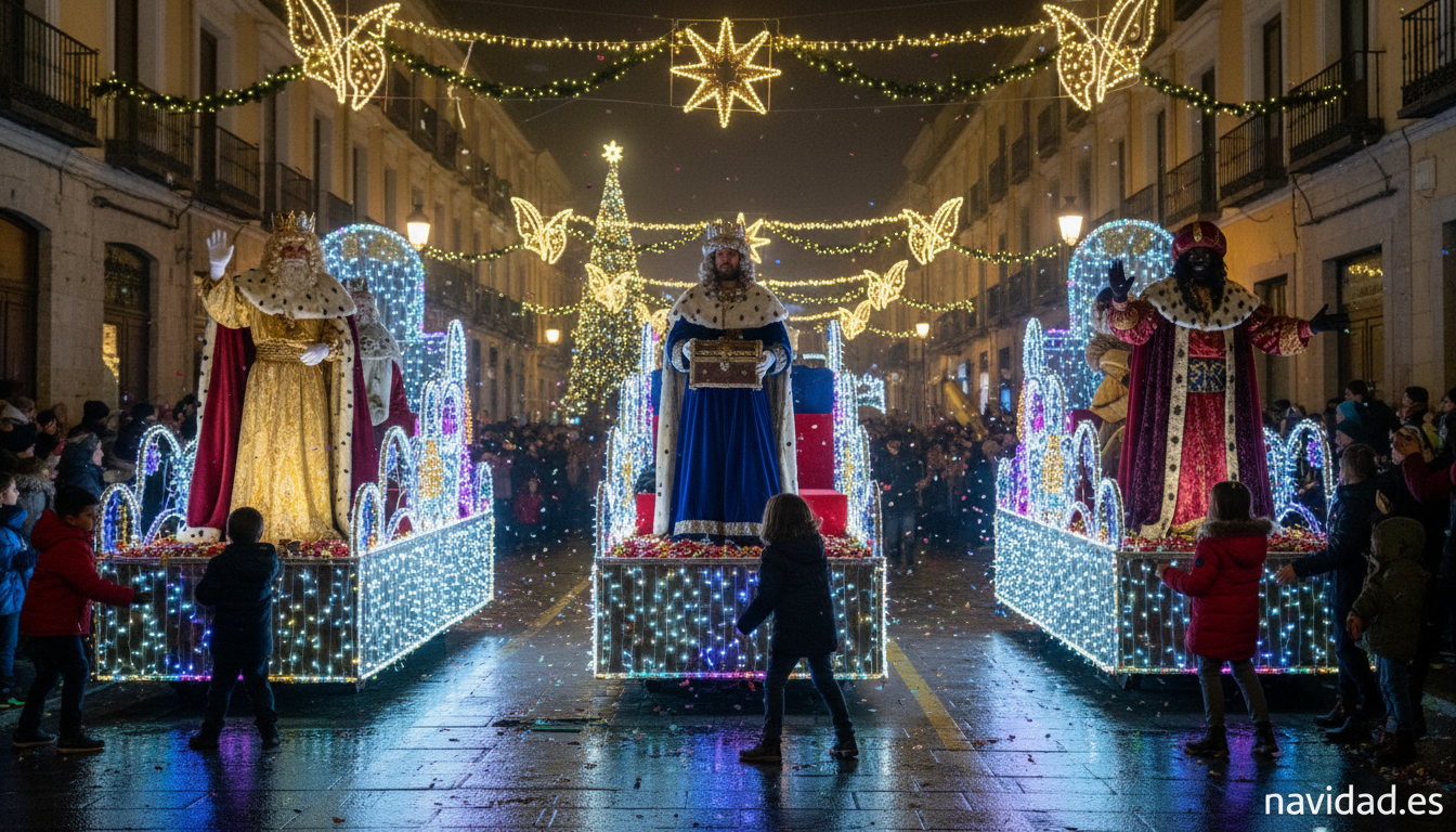 Calendario de Navidad 2026: todas las fechas clave de las fiestas 2 Cabalgata de Reyes Magos en una ciudad española con carrozas iluminadas