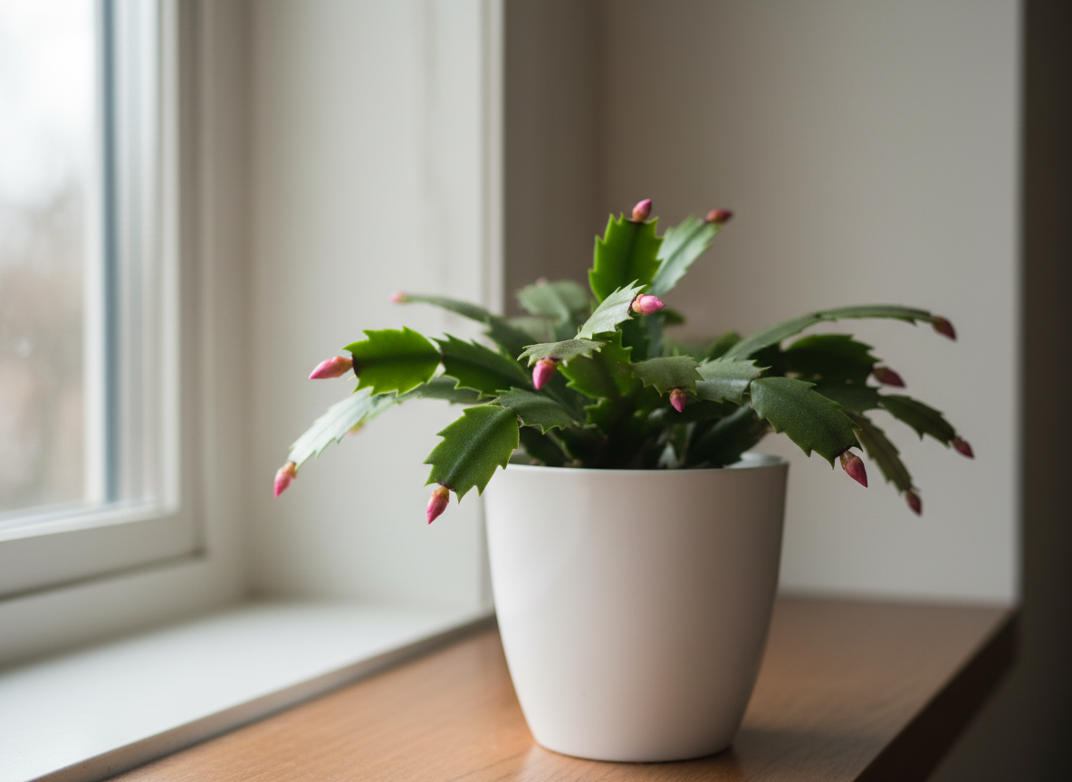 Cómo cultivar cactus navideños (Schlumbergera) a partir de semillas: guía completa 3 Cactus navideño formando botones florales para la floración de Navidad 2026