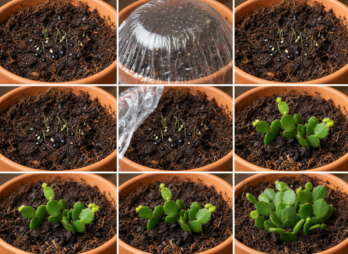 Cómo cultivar cactus navideños (Schlumbergera) a partir de semillas: guía completa 2 Semillas de cactus navideño en germinación sobre sustrato húmedo