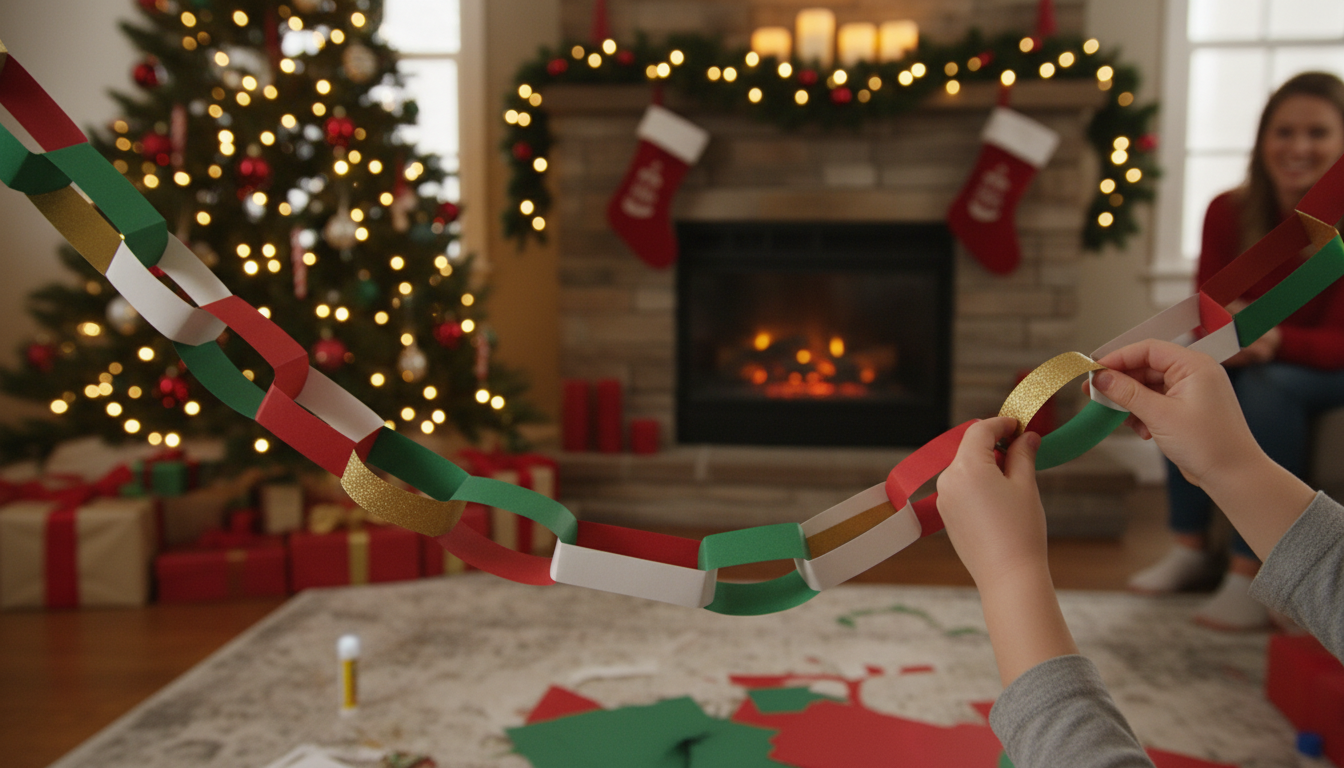 Cadena de papel de colores para decorar en Navidad, manualidad fácil para niños