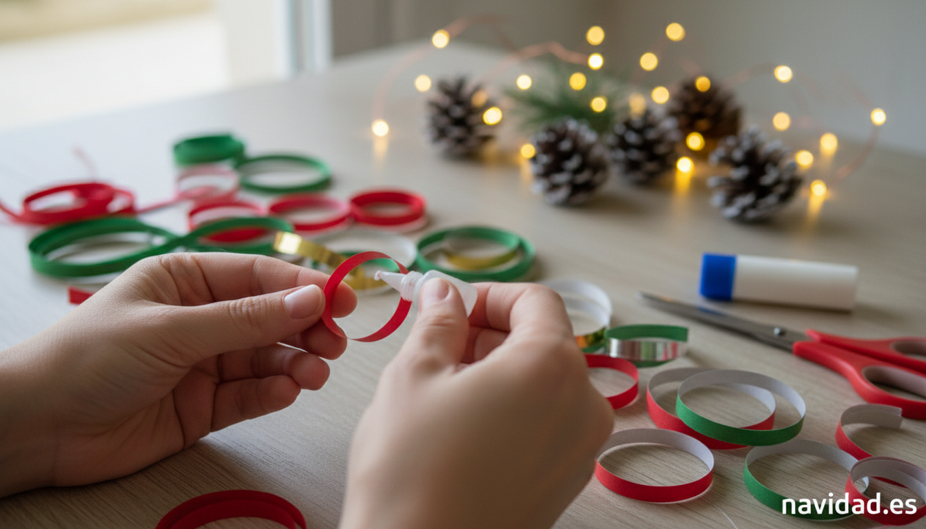 Manos haciendo cadena de papel casera para decoracion navidena DIY