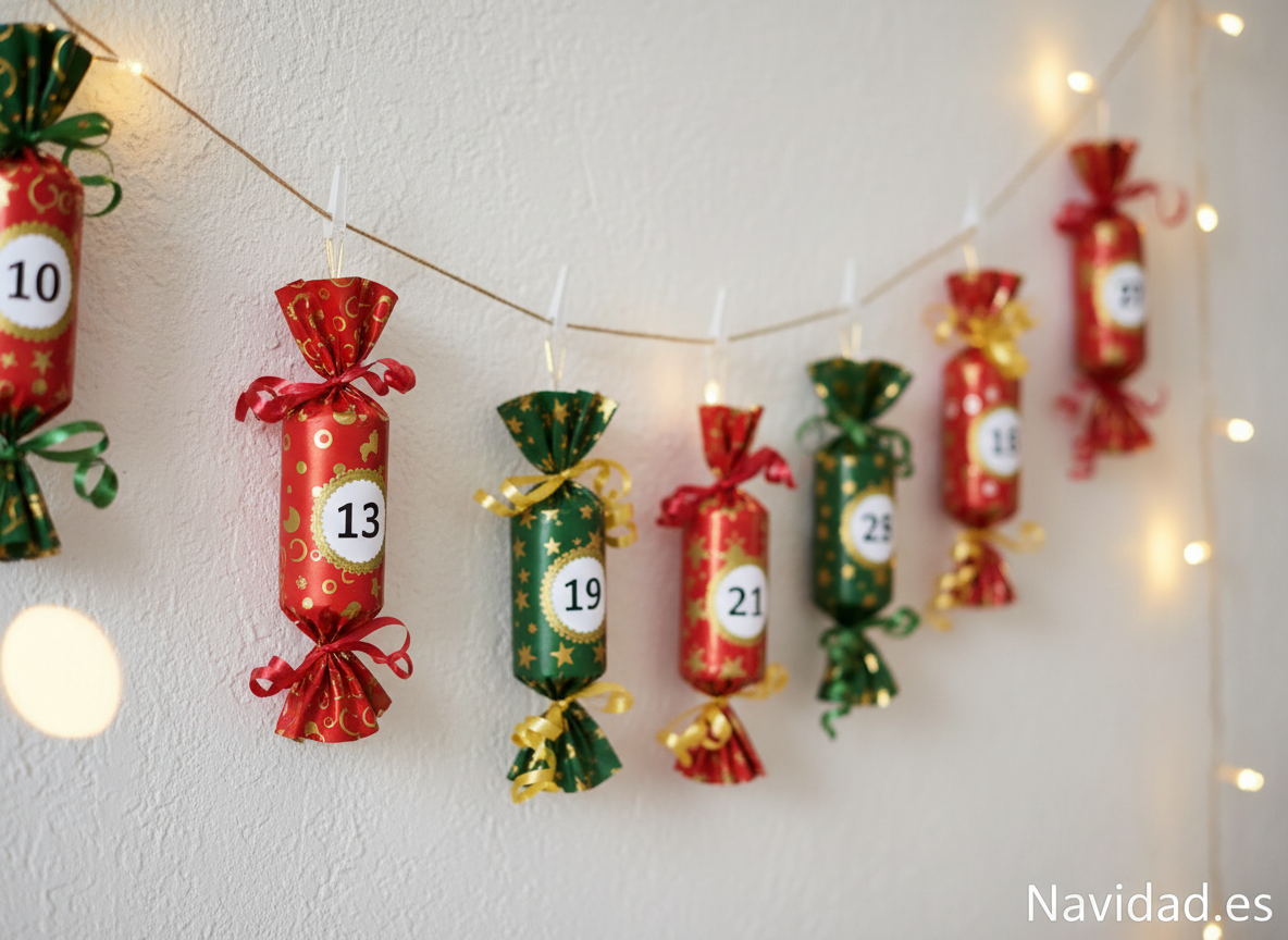 Calendario de Adviento casero en forma de caramelo con rollos de cartón