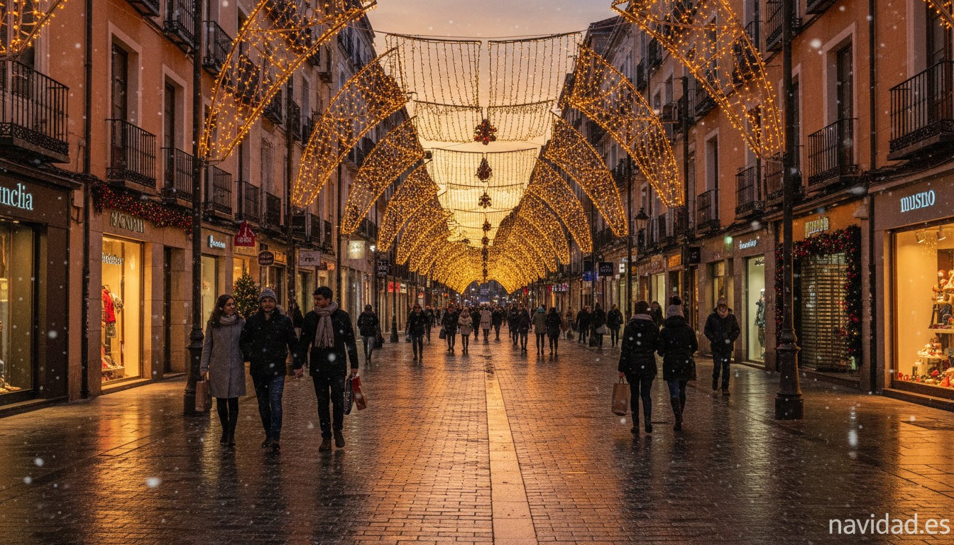 Calle comercial iluminada con luces de Navidad y escaparates de tiendas