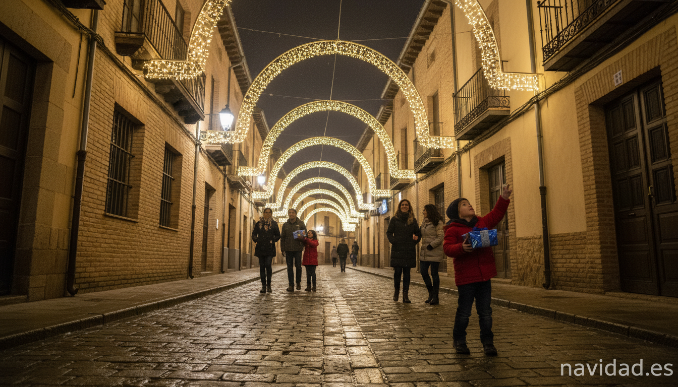 Calle del centro historico de Teruel iluminada con arcos de luces navidenas