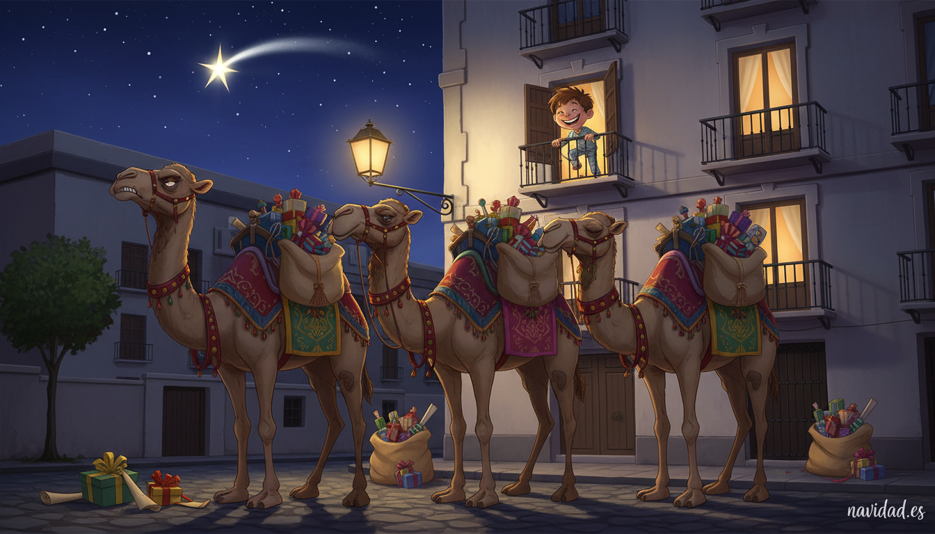 Respuesta de los Reyes Magos a Jaimito: la carta más divertida 2 Escena navideña humorística con los camellos de los Reyes Magos frente a un edificio español