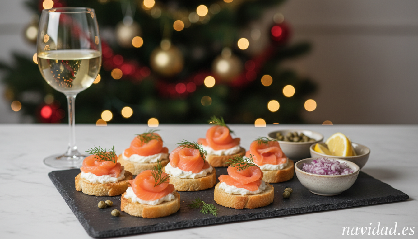 Salmón ahumado navideño con cebollitas: receta fácil y elegante 2 Canapés de salmón ahumado con queso crema y pan tostado en ambiente navideño
