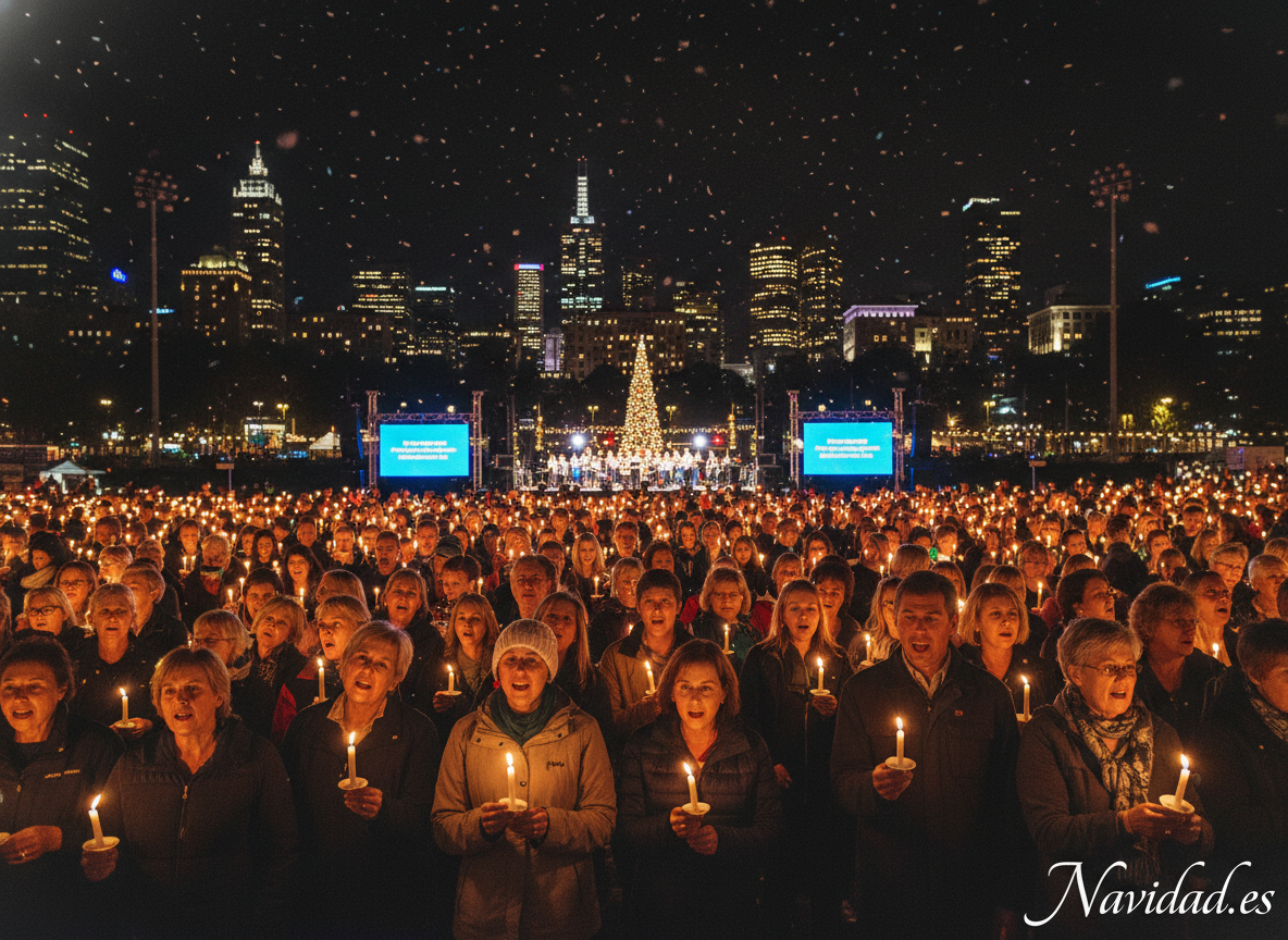 Carols by Candlelight en Melbourne: multitud cantando villancicos con velas en Navidad