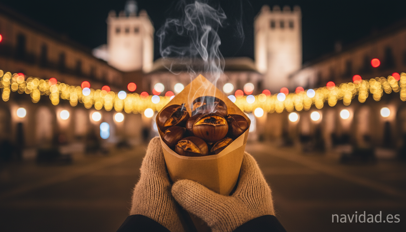 Puesto de castanas calientes durante el encendido de luces de Navidad en Teruel
