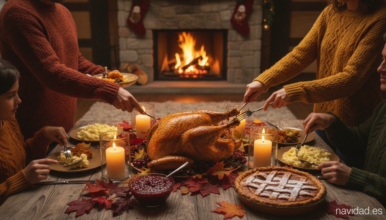 Cena familiar de Acción de Gracias con pavo asado y decoración otoñal
