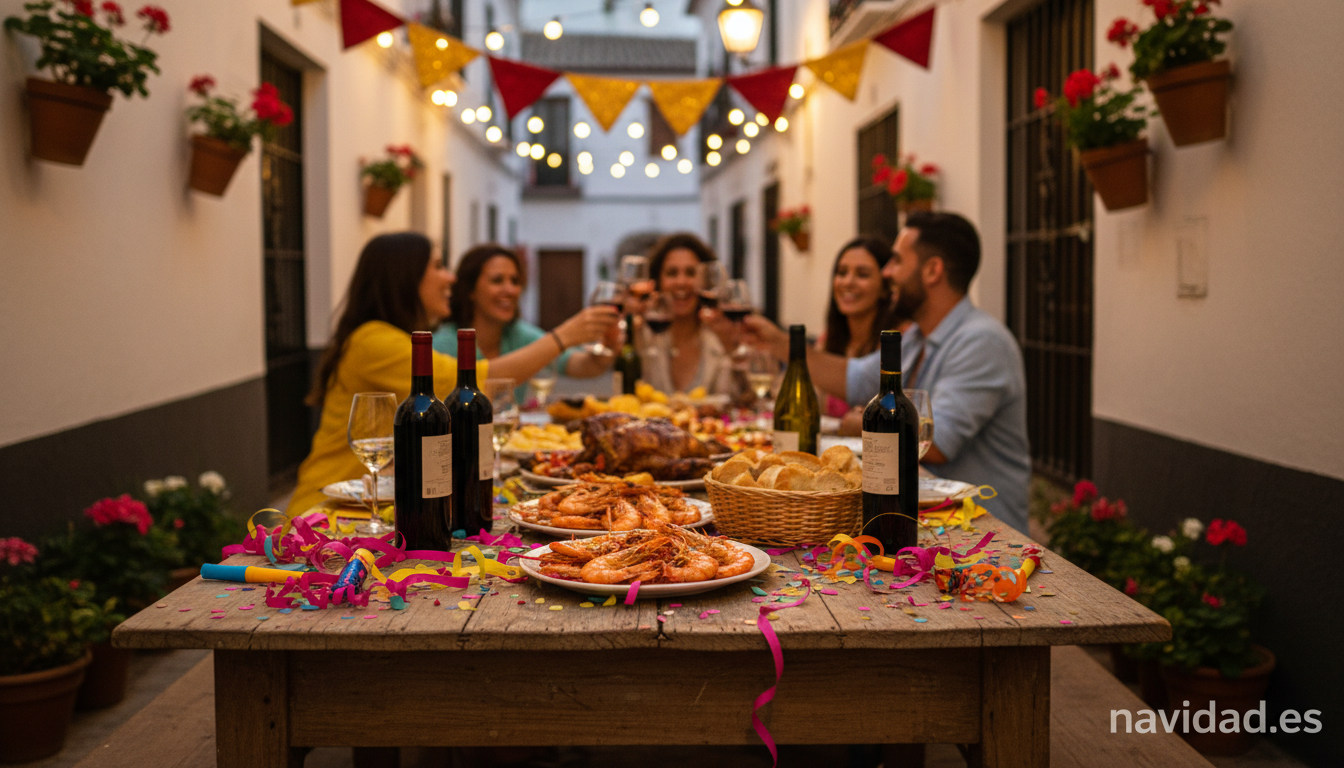 Mesa de cena con marisco, cordero y cotillón en una calle andaluza decorada con luces navideñas