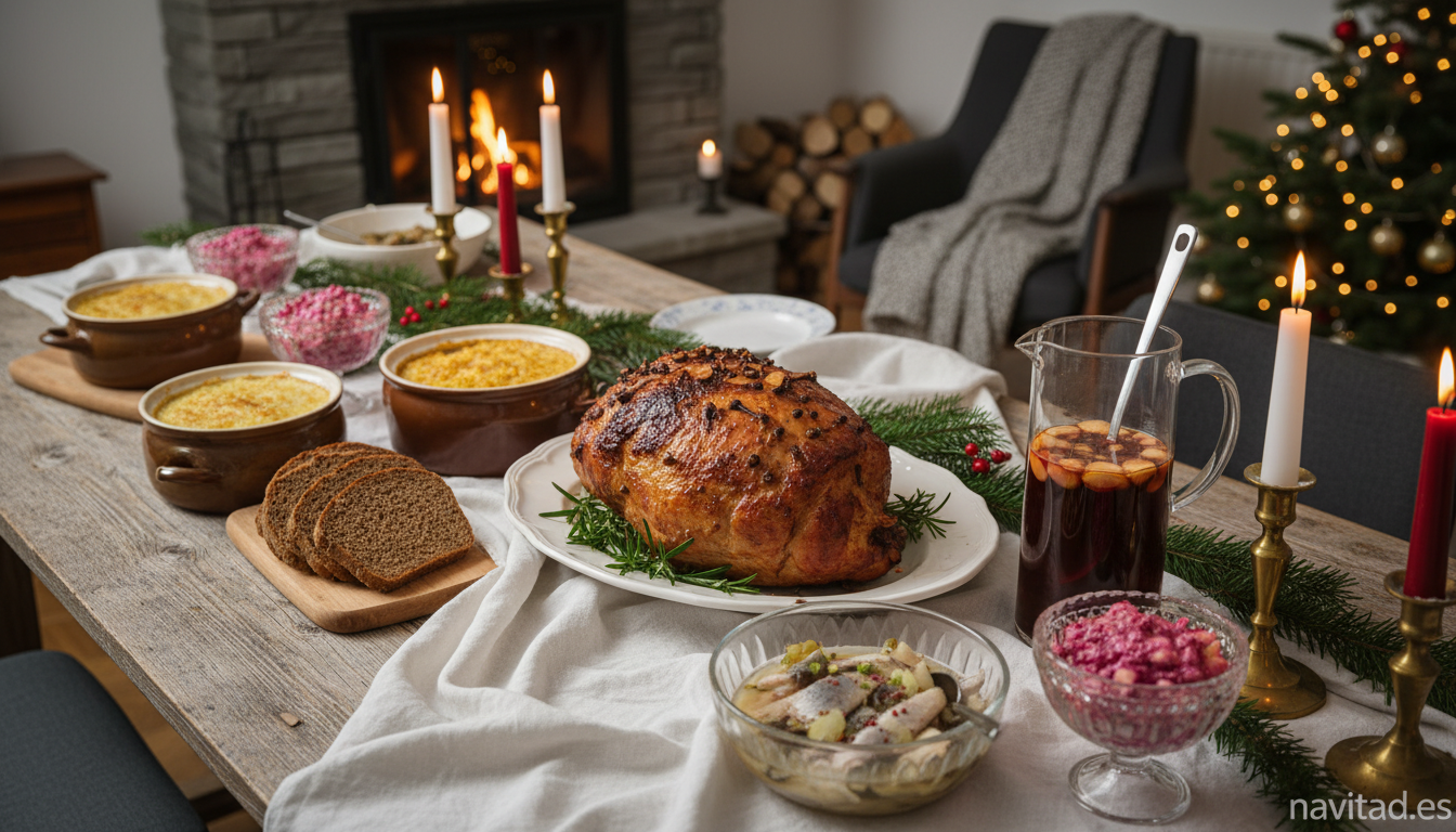 Mesa de Joulup&ouml;yt&auml; con jam&oacute;n navide&ntilde;o (joulukinkku), patatas y gl&ouml;gi