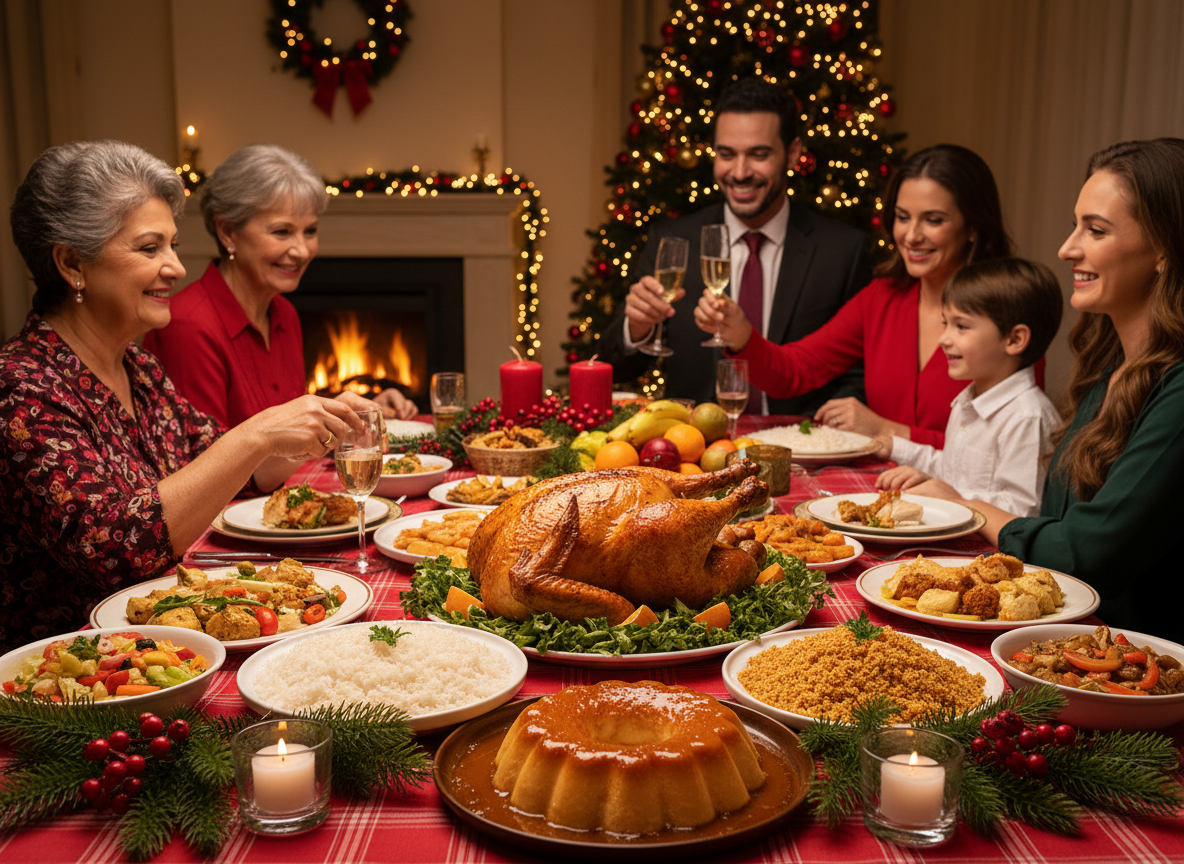 Navidad en Brasil: Tradiciones, Playas y Papai Noel en Verano 1 Cena tradicional de Nochebuena en Brasil con pavo, farofa y pudim de leite