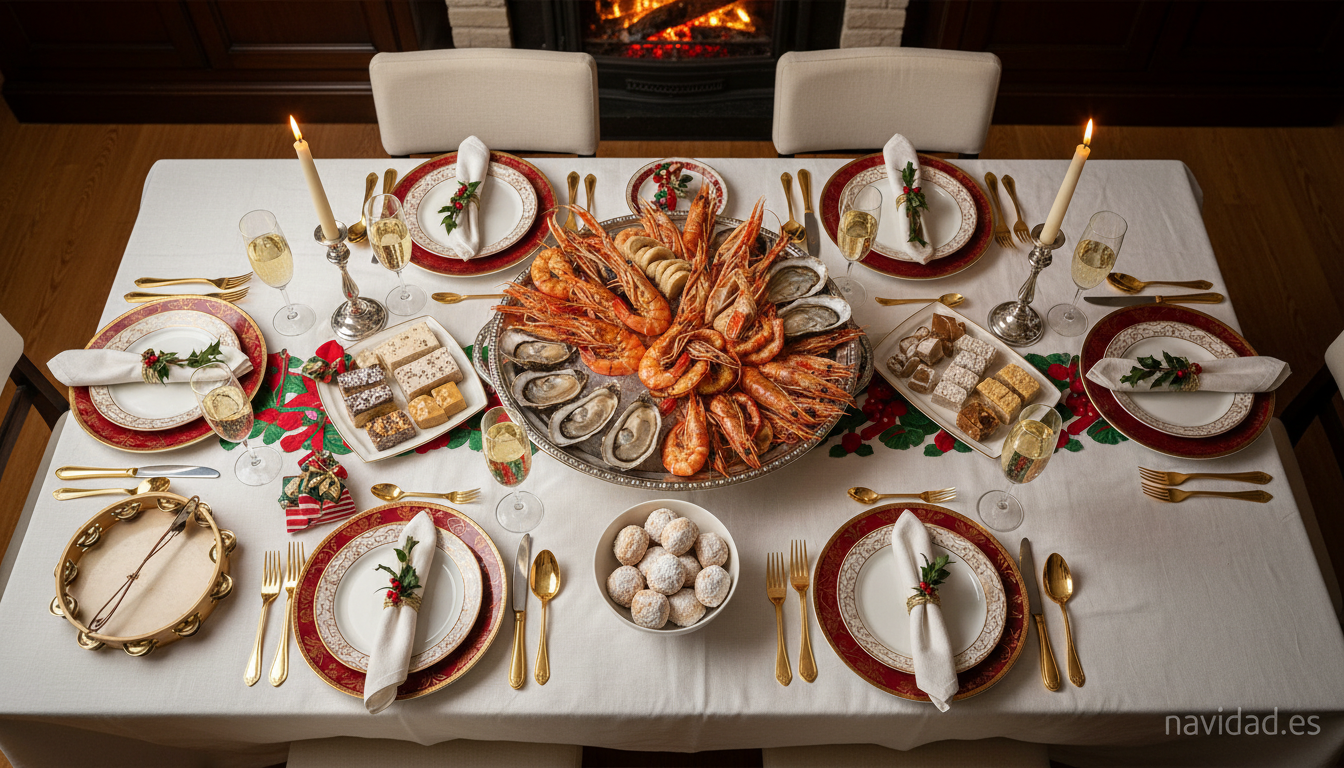 Cena de Nochebuena española con marisco, turrón, cava y pandereta