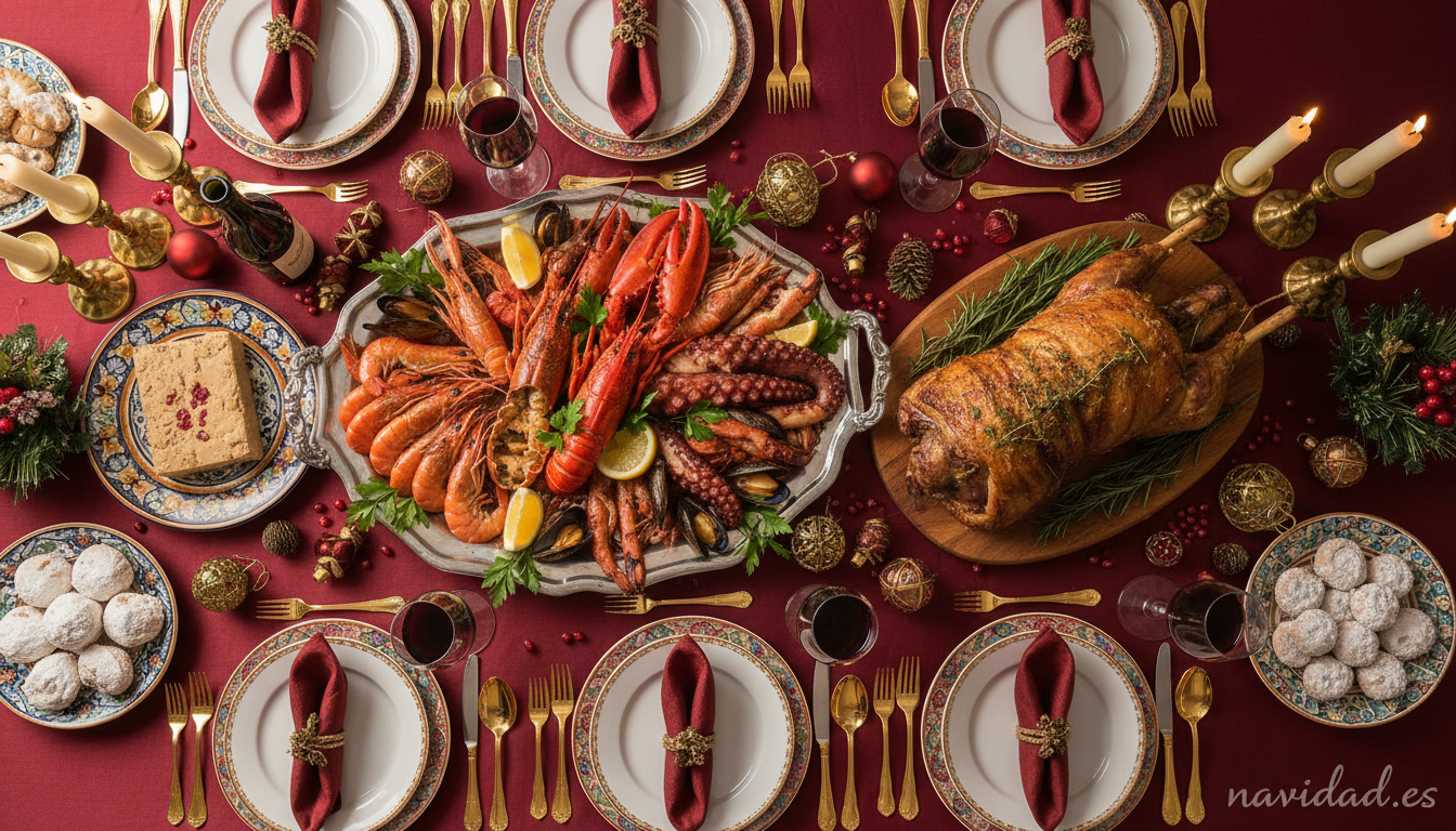 Recursos de Navidad: ideas y actividades para disfrutar en familia 2 Mesa de Nochebuena con marisco, cordero asado, turrón y dulces navideños españoles