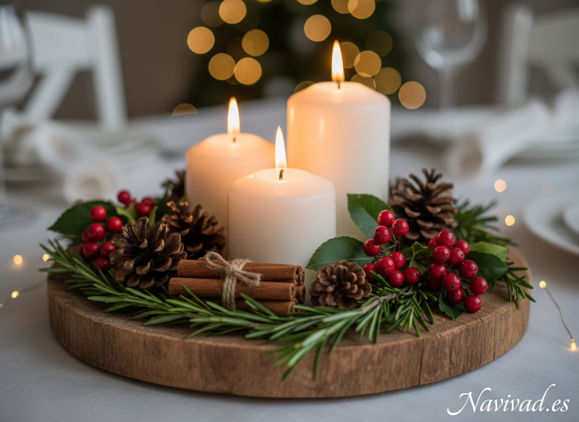 Cómo decorar una mesa de Navidad: tips, ideas y ejemplos para una cena perfecta 3 Centro de mesa navideño con velas y piñas