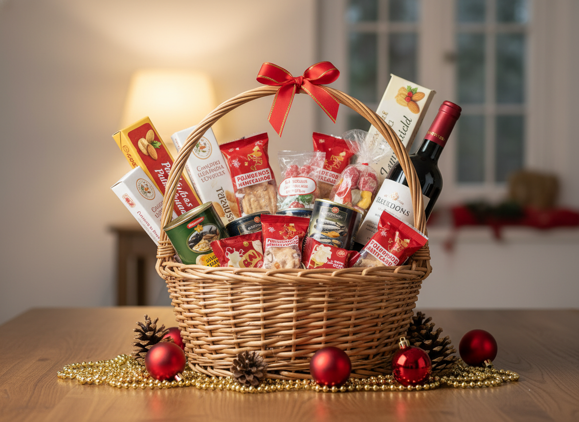 Cestas y lotes de Navidad baratos: guía para comprar low cost en 2026 1 Cesta de Navidad económica y low cost con productos típicos navideños: turrón, polvorones, vino y dulces