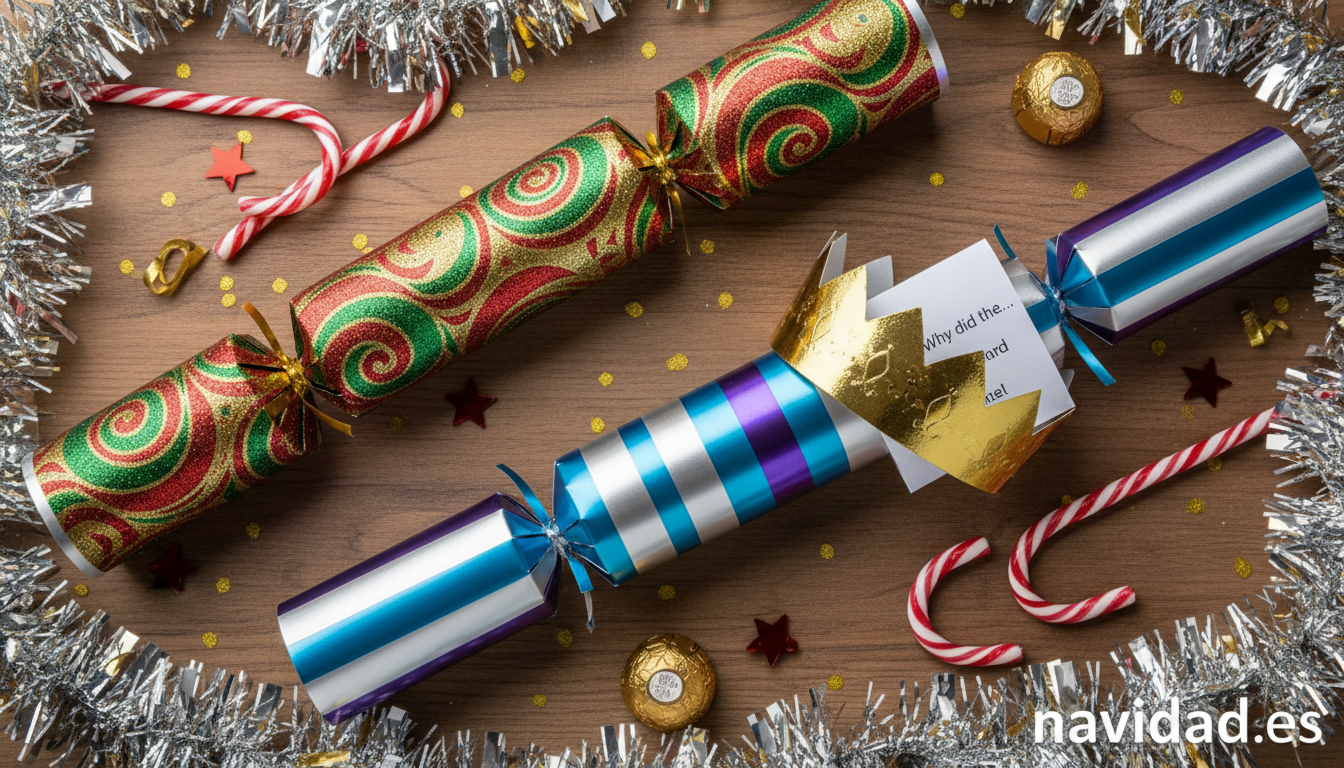 Christmas crackers con chistes navideños en la mesa de Nochebuena