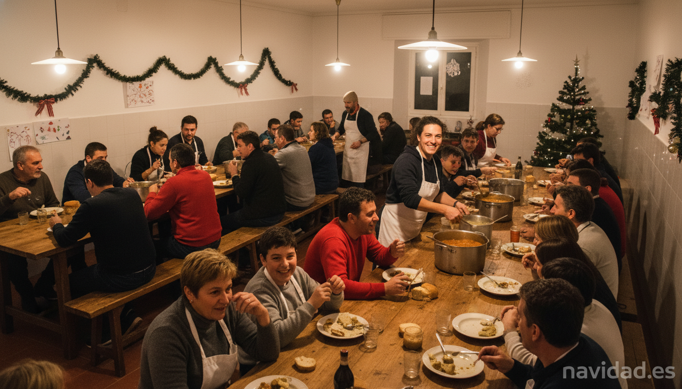 Comedor social en Nochebuena con voluntarios sirviendo cena navideña a familias