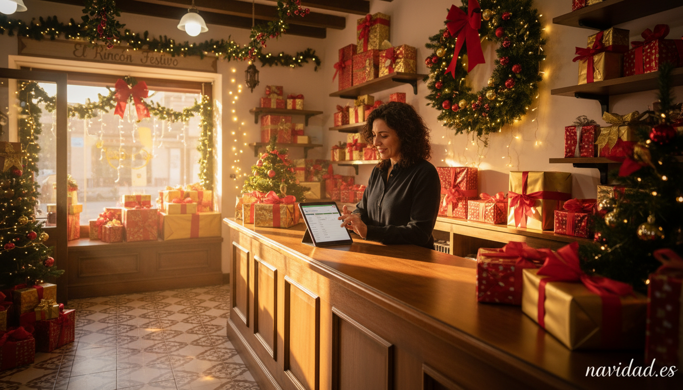 Seguridad ecommerce en Navidad: 10 claves para evitar fraudes en 2026 2 Comerciante revisando pedidos online en tienda fisica decorada por Navidad