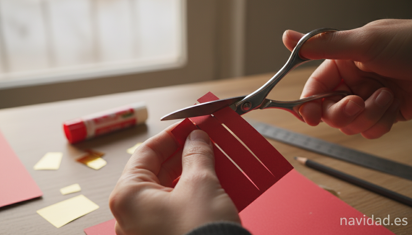 Manos cortando cartulina roja con tijeras para hacer un farolillo navideño casero paso a paso