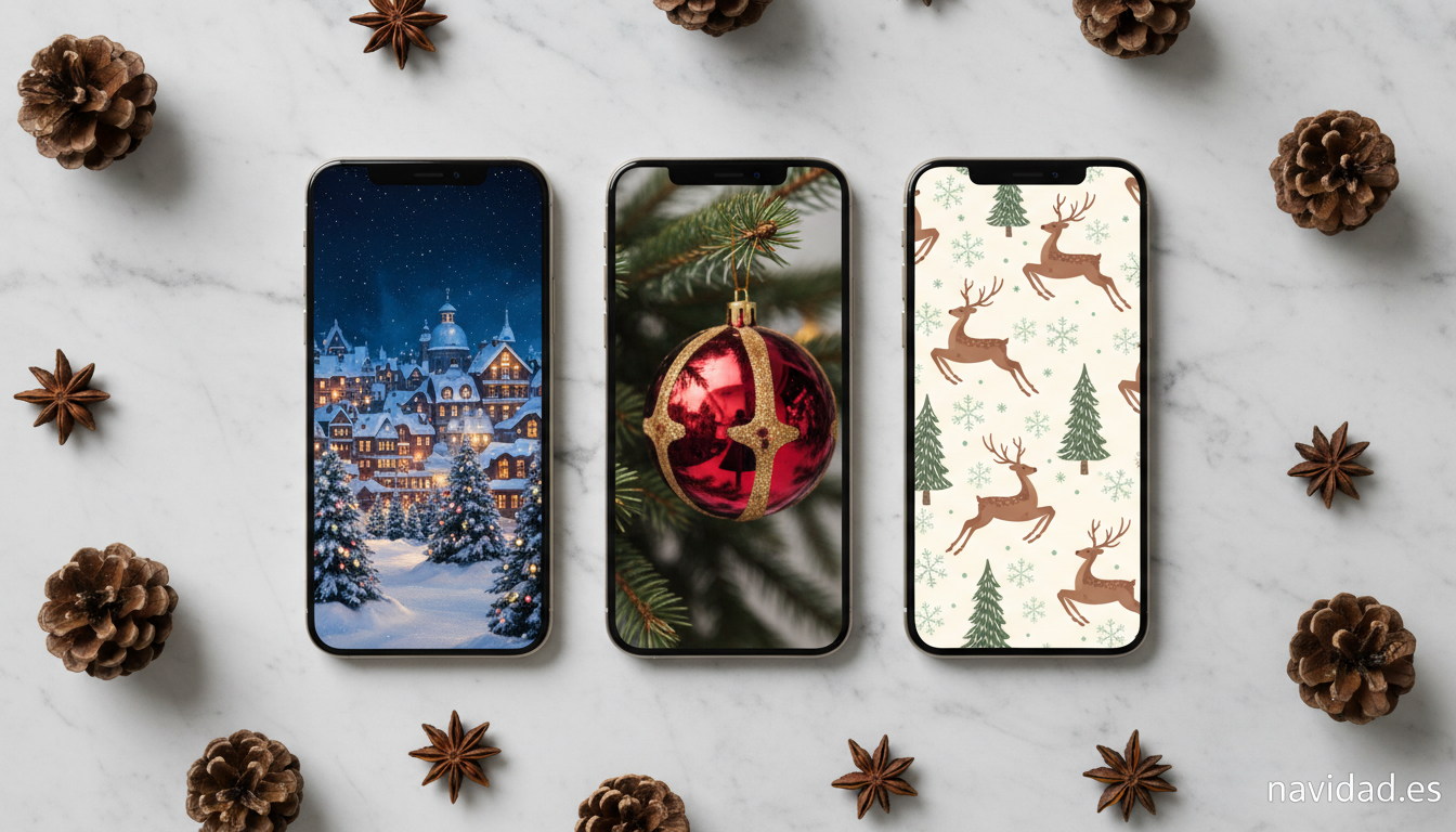 Tres móviles con diferentes fondos de pantalla navideños: paisaje, adorno y patrón