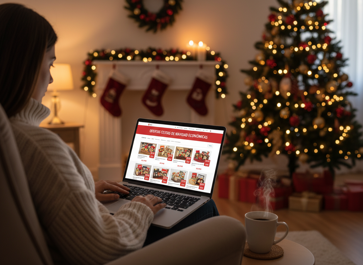 Cestas y lotes de Navidad baratos: guía para comprar low cost en 2026 3 Persona comprando cesta de Navidad barata por internet desde casa en 2026