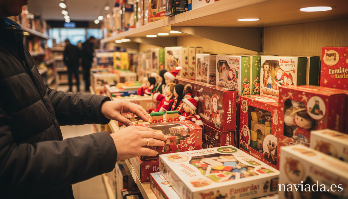 Seguridad de los juguetes en Navidad 2026: guía para comprar regalos sin sustos 2 Padres eligiendo juguetes seguros en una juguetería en Navidad