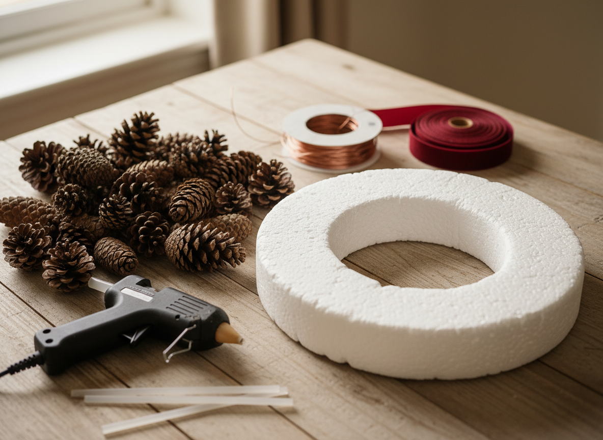 Cómo hacer coronas de Navidad DIY: tutorial paso a paso con materiales naturales 1 Proceso paso a paso para hacer una corona de Navidad con piñas usando pistola de silicona