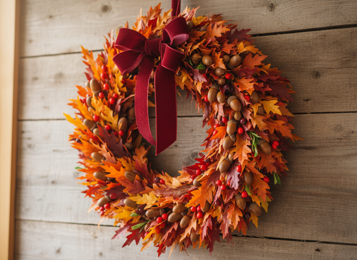 Cómo hacer coronas de Navidad DIY: tutorial paso a paso con materiales naturales 4 Corona de Navidad artesanal con hojas secas y colores otoñales colgada en pared rústica