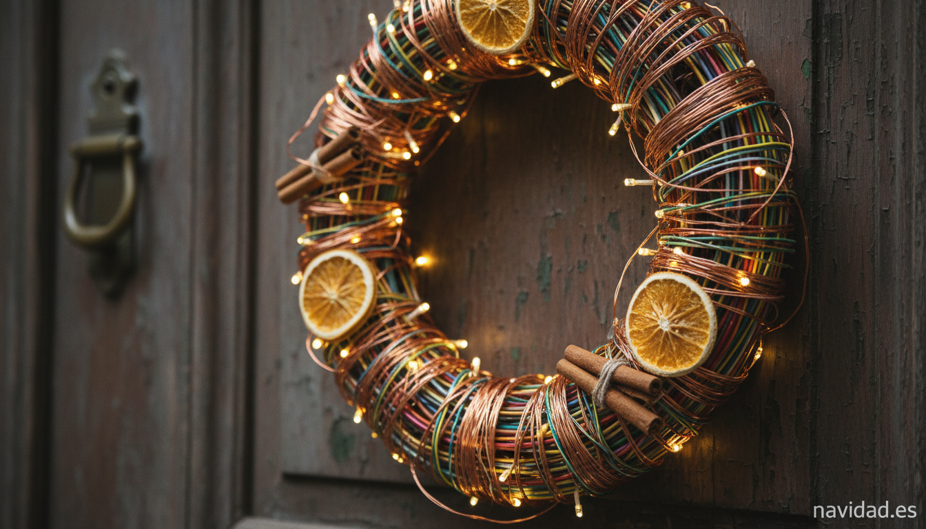 Detalle de corona navideña alternativa hecha con cables reciclados y luces LED, decoración original DIY
