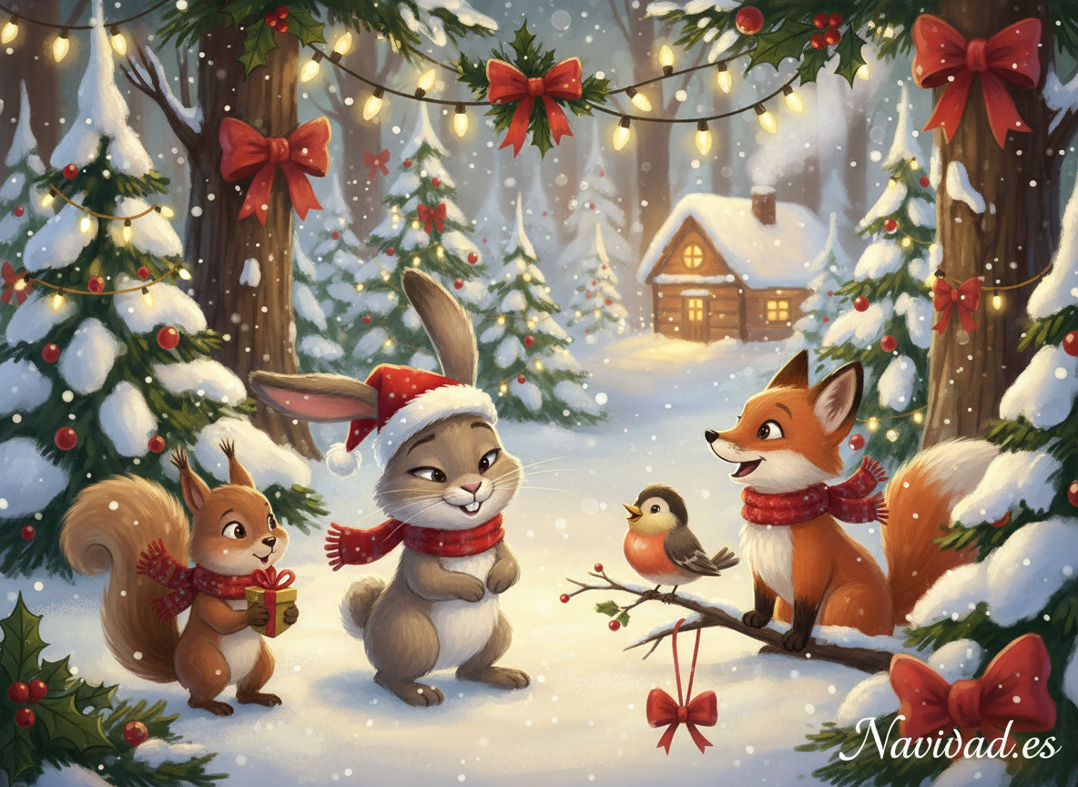 Ilustración del cuento de Navidad El conejito burlón con animales del bosque