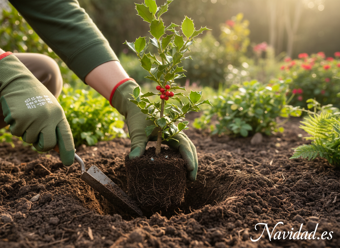 Manos con guantes plantando un arbusto de acebo en el jardín