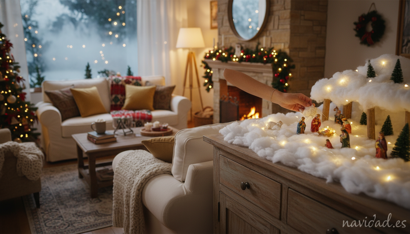 Decoracion casera con nieve artificial y luces navidenas