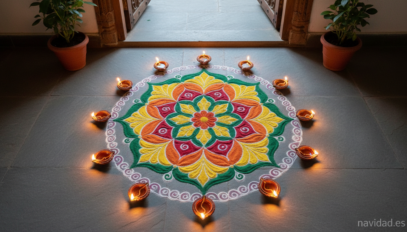 Decoración tradicional del Diwali con patrones coloridos y diyas encendidas