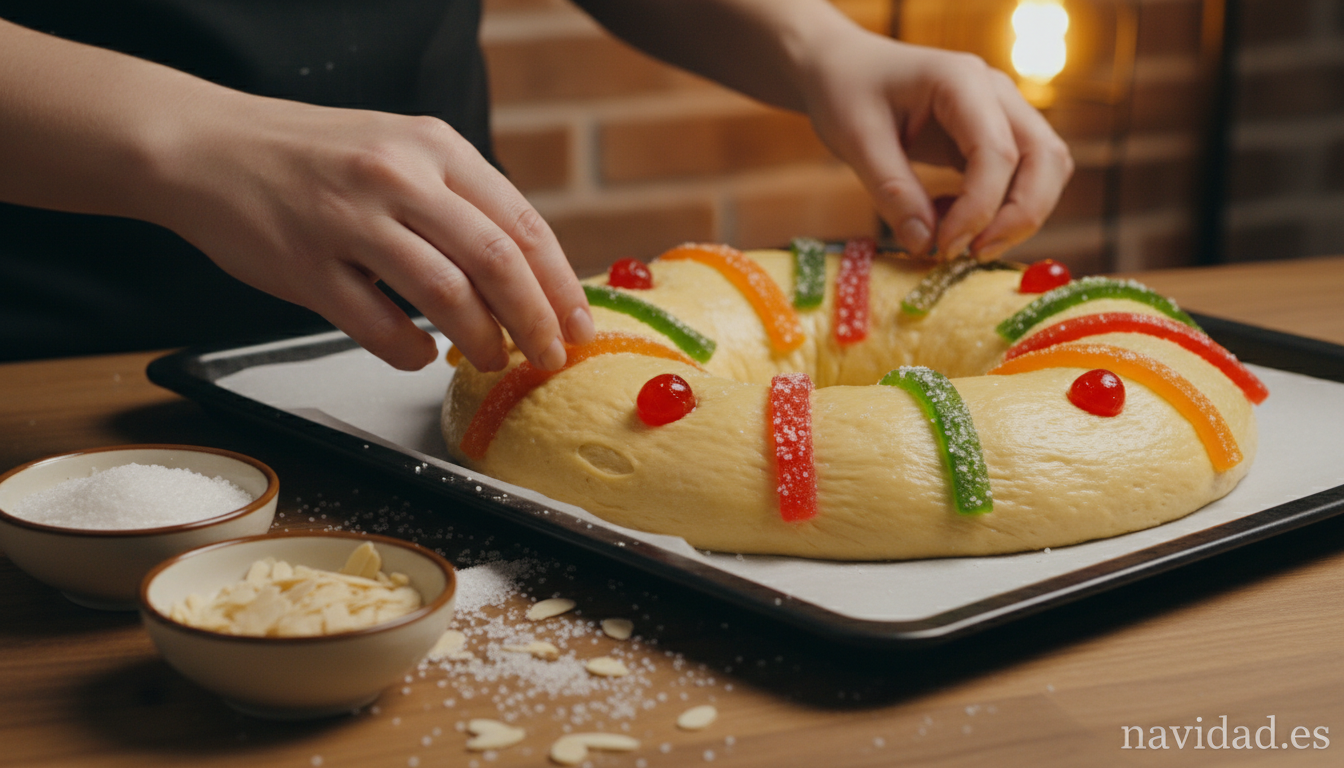 Roscón de Reyes casero: receta tradicional paso a paso 2 Decorando el roscón de Reyes con fruta escarchada antes de hornear