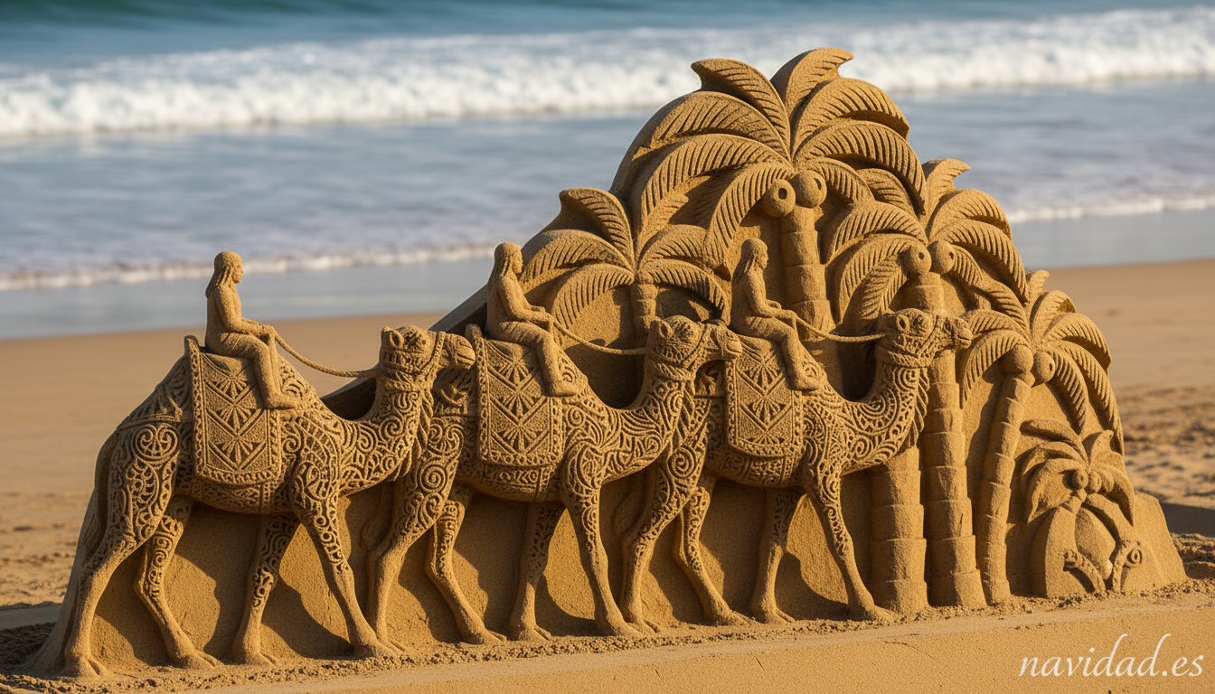 Detalle de esculturas de camellos y palmeras talladas en arena en el belén monumental de Las Canteras