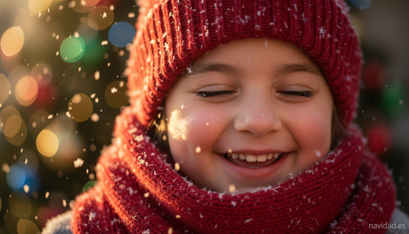 Detalle de copos de nieve artificial cayendo sobre un nino en Navidad