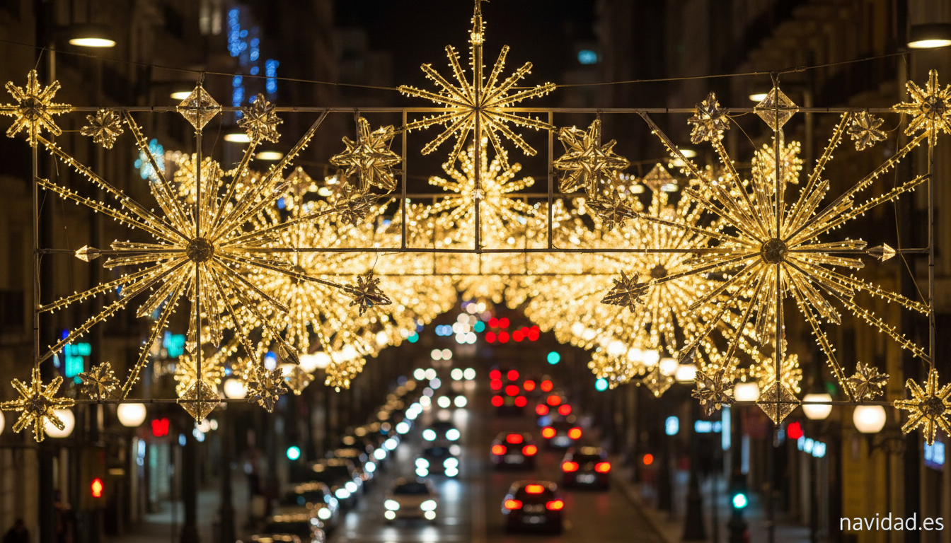 Detalle de guirnaldas luminosas navideñas en una calle céntrica de Madrid