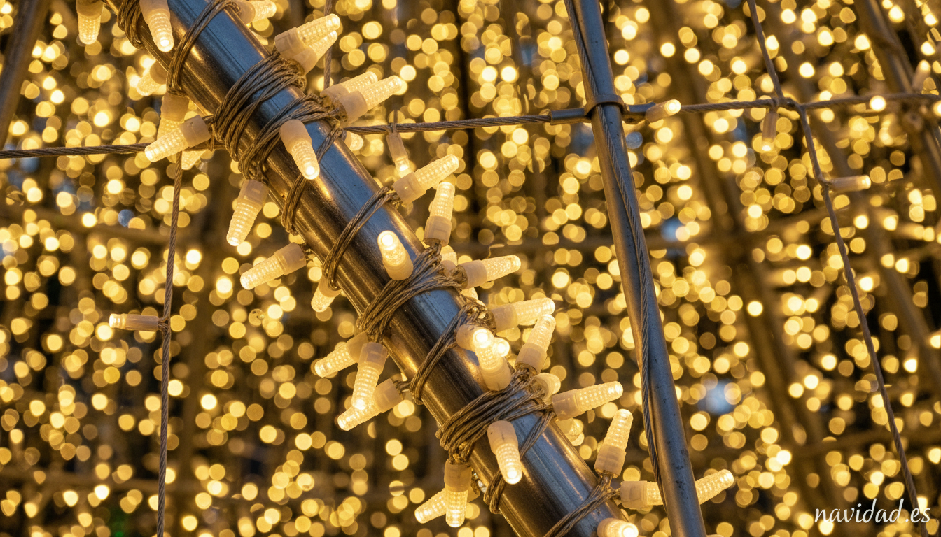 Detalle de luces LED y estructura metálica de un árbol de Navidad gigante