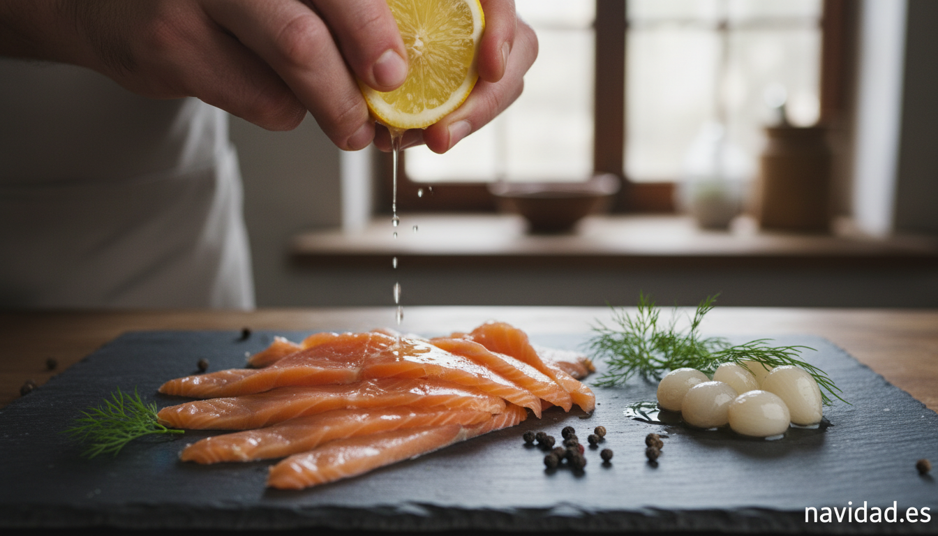 Salmón ahumado navideño con cebollitas: receta fácil y elegante 1 Detalle del salmón ahumado con limón, pimienta y cebollitas en vinagre