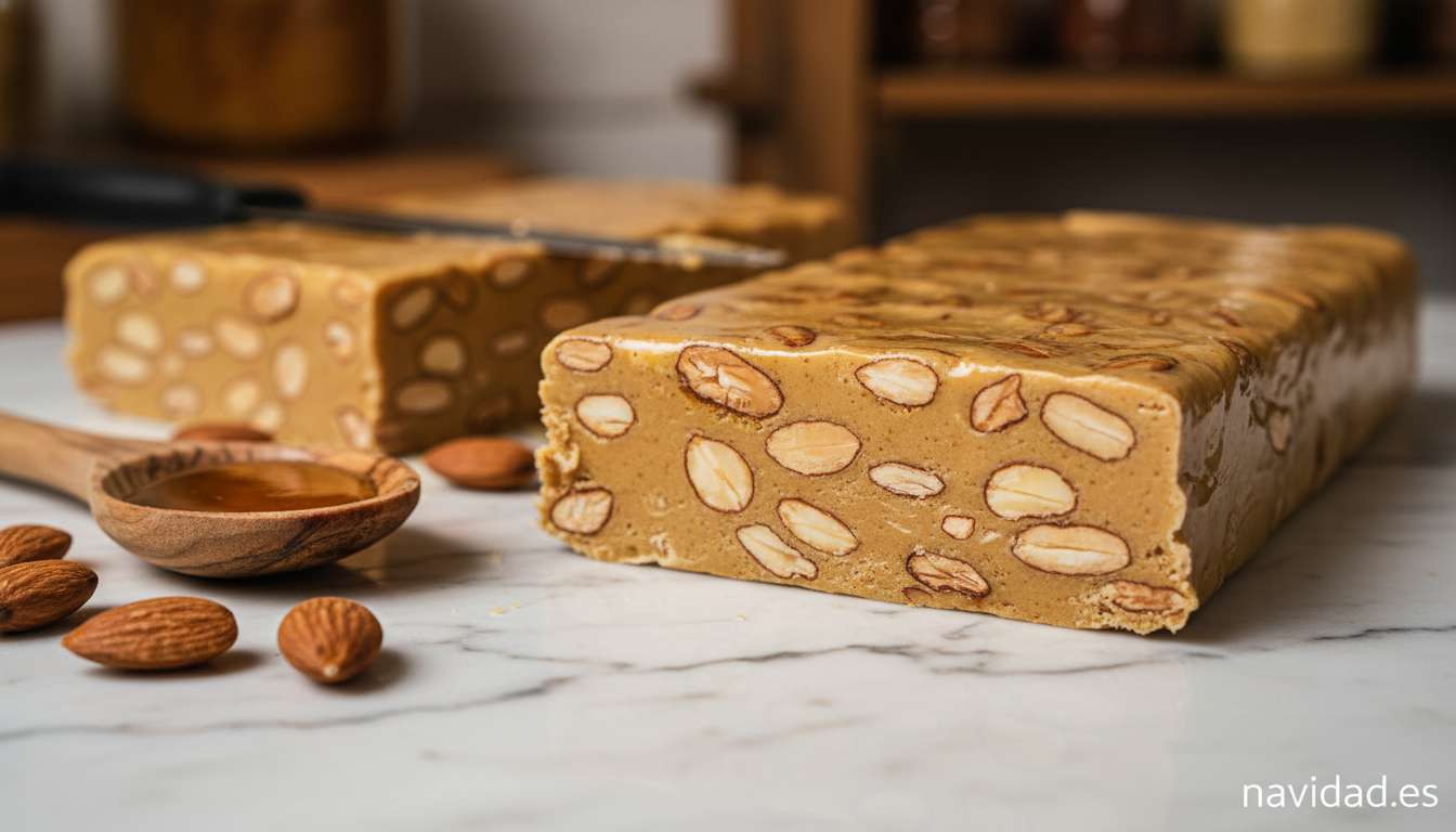 Detalle macro de turrón blando artesano con almendras marcona elaborado en Casinos