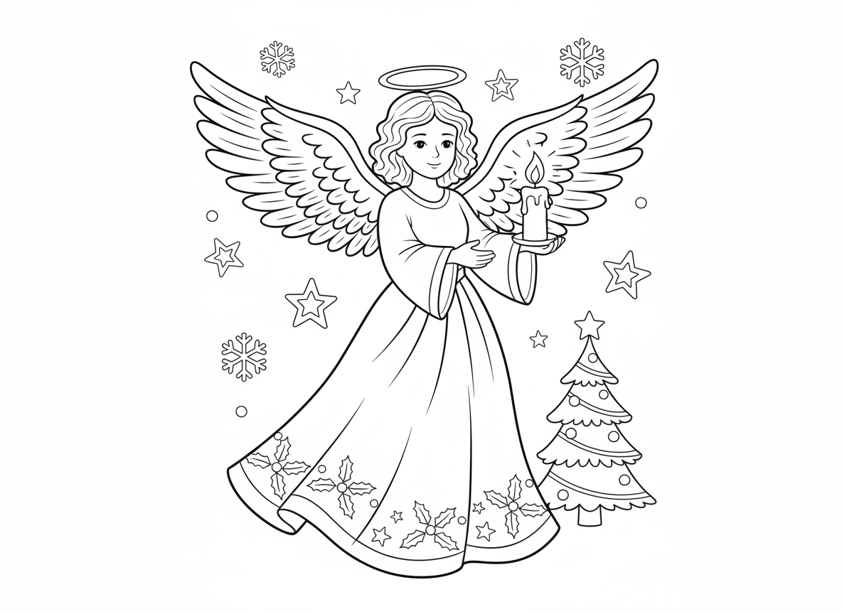 12 dibujos de Navidad para colorear: láminas gratis para imprimir 6 Dibujo de ángel navideño para colorear, lámina de línea negra sobre fondo blanco