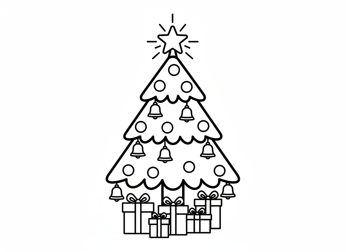 12 dibujos de Navidad para colorear: láminas gratis para imprimir 1 Dibujo de árbol de Navidad para colorear, lámina de línea negra sobre fondo blanco
