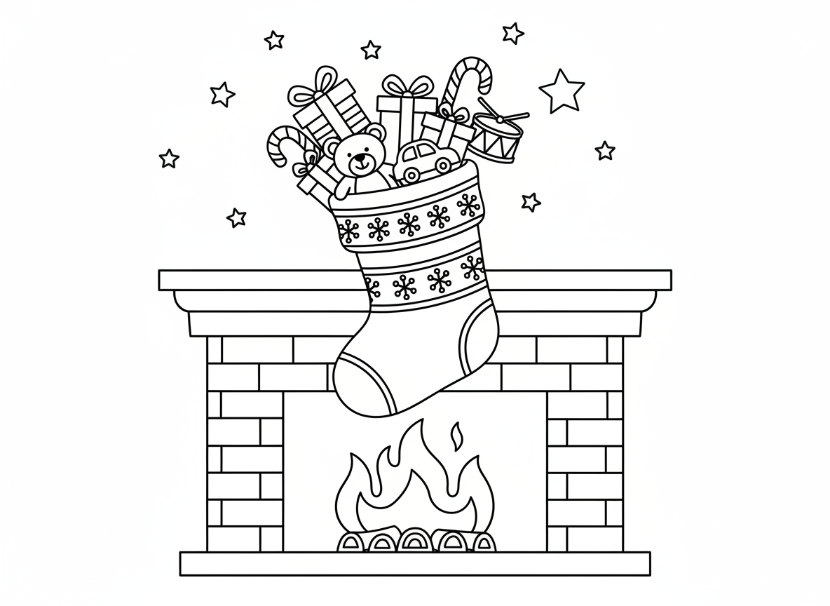 12 dibujos de Navidad para colorear: láminas gratis para imprimir 9 Dibujo de calcetín navideño para colorear, lámina de línea negra sobre fondo blanco